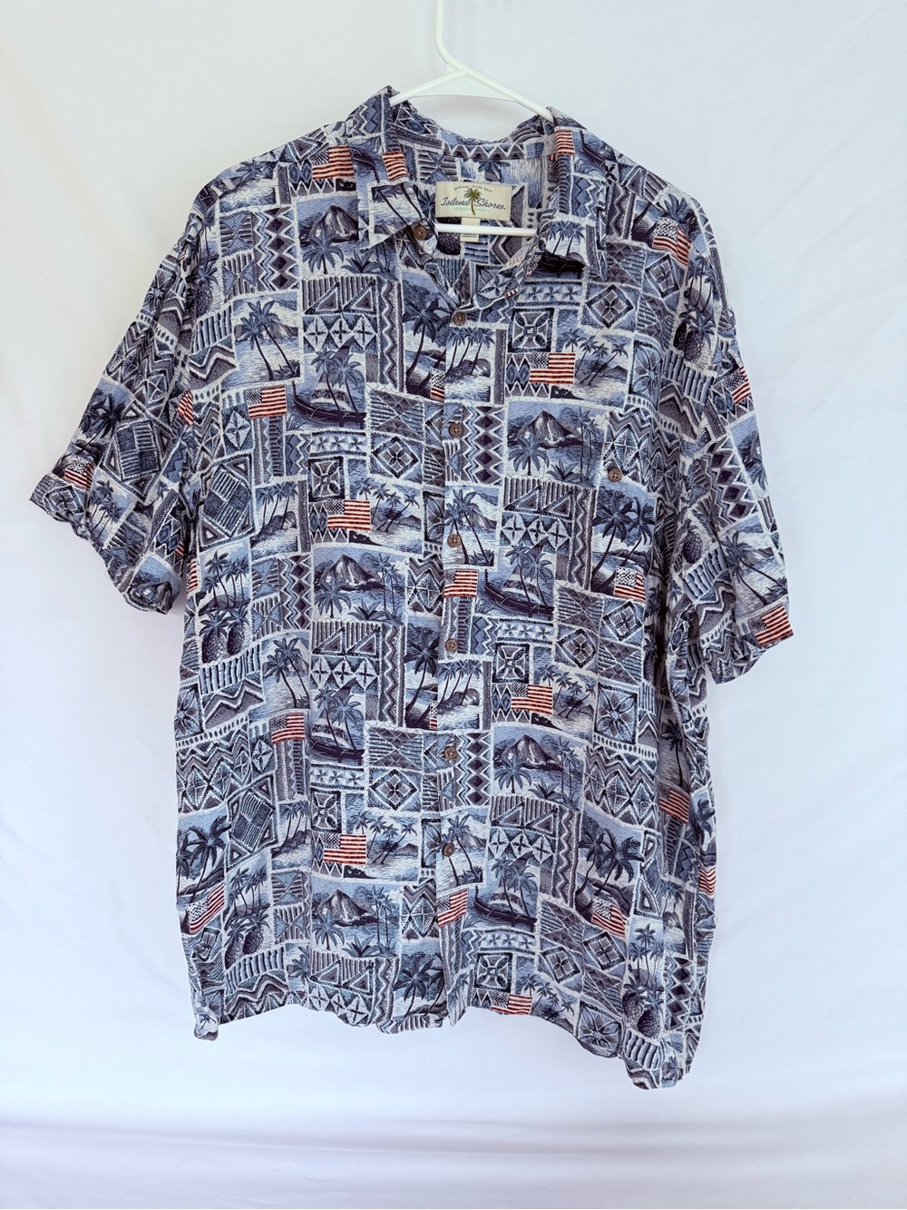 Island Shores Hawaiian Camp Shirt XL Blue Tropical Rayon Button Front Aloha